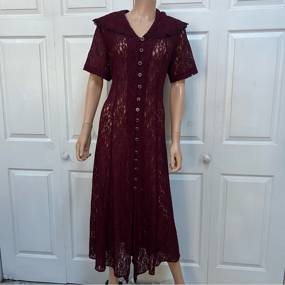 VTG Burgundy Lace Button-Down Long Dress Size L Short Sleeve - Picture 9 of 16